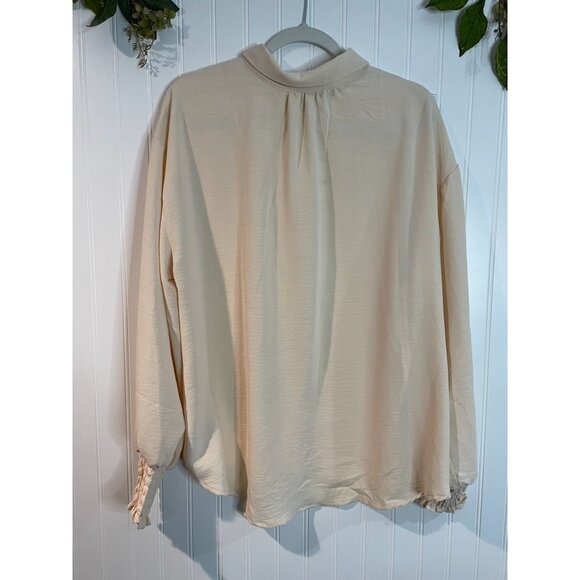 Chenault Womens XL Beige Long Sleeve Button-Up Blouse With Smocked Cuffs - Picture 2 of 12